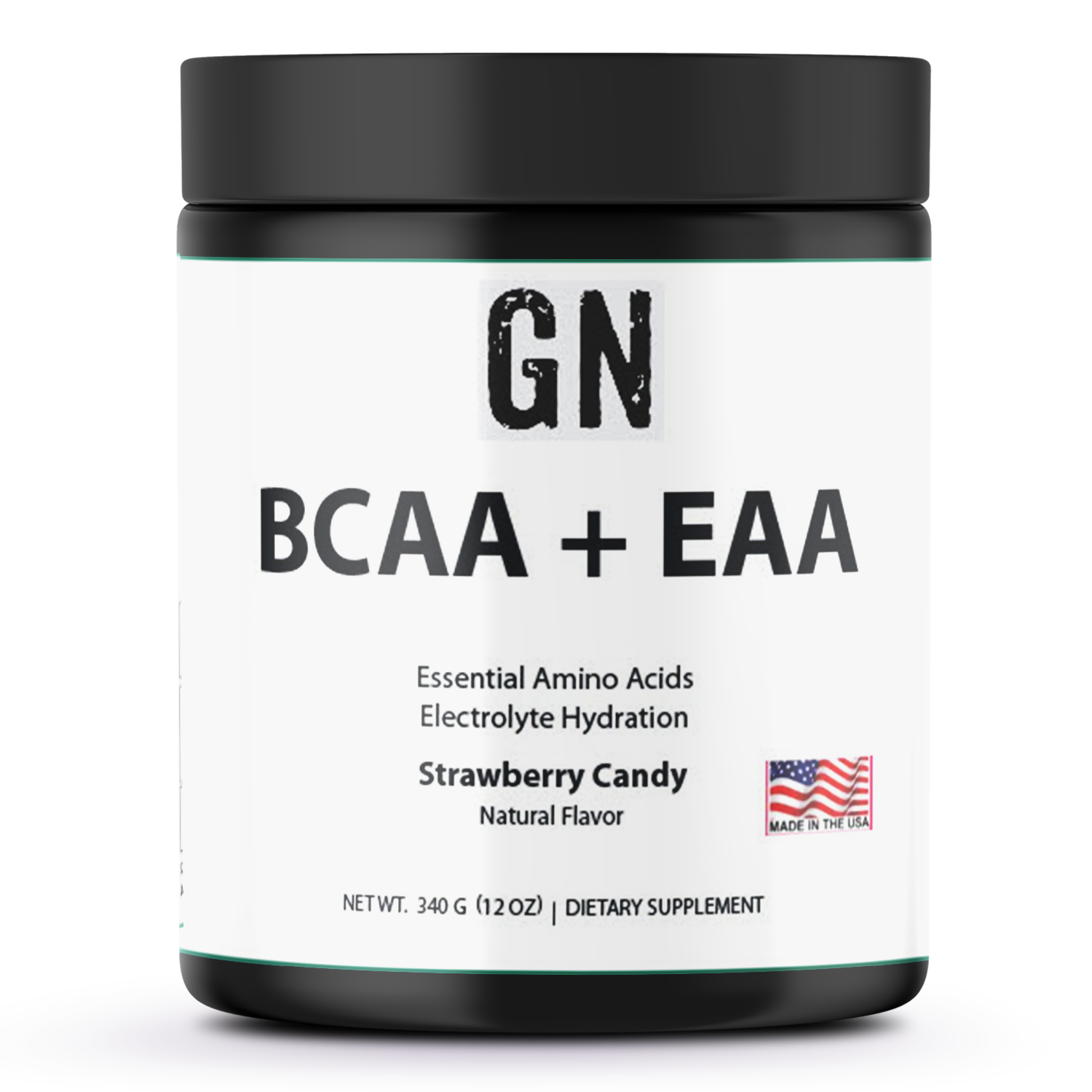 Supplement container labeled 'GN BCAA + EAA' on a white background