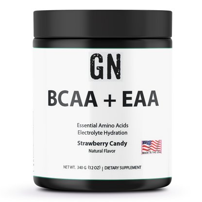 Supplement container labeled 'GN BCAA + EAA' on a white background