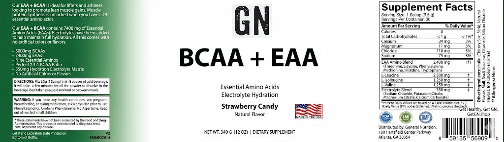 Supplement label for GN BCAA + EAA with supplement facts and ingredients listed.