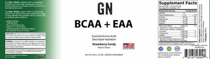 Supplement label for GN BCAA + EAA with supplement facts and ingredients listed.