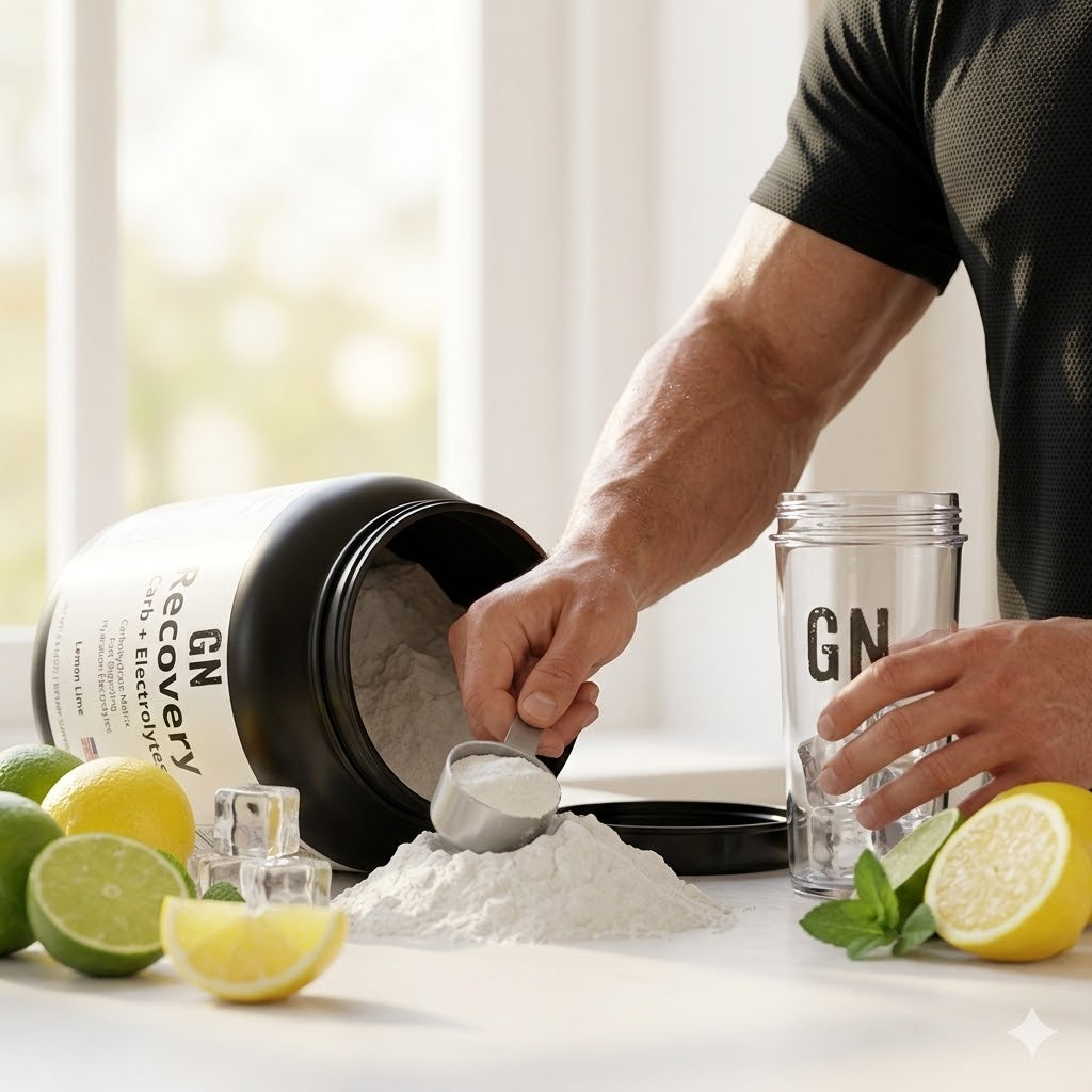 Person scooping powder from a GN container with lemons and limes on a table.