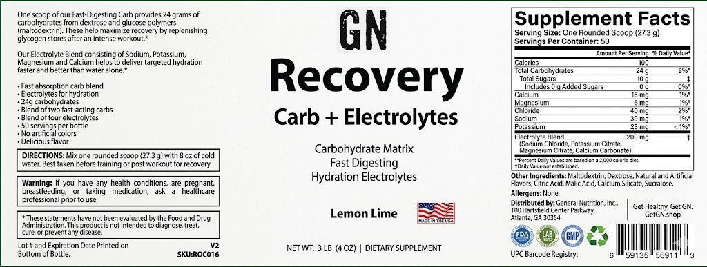 Supplement label for GN Recovery Carb + Electrolytes in Lemon Lime flavor.