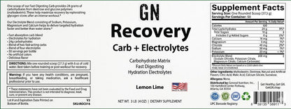 Supplement label for GN Recovery Carb + Electrolytes in Lemon Lime flavor.
