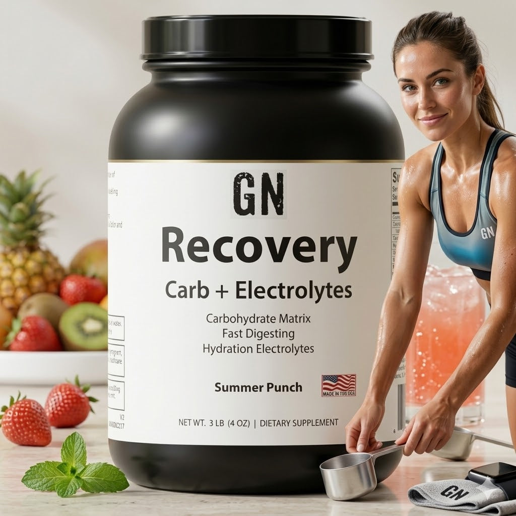 GN Recovery supplement bottle with a woman and fruits in the background
