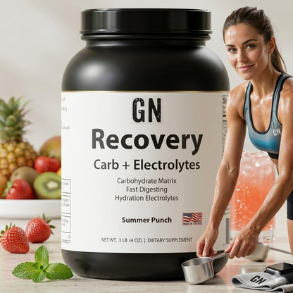 GN Recovery supplement bottle with a woman and fruits in the background