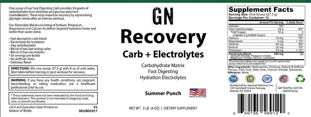 Supplement label for GN Recovery Carb + Electrolytes in Summer Punch flavor.