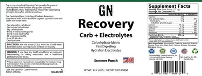 Supplement label for GN Recovery Carb + Electrolytes in Summer Punch flavor.