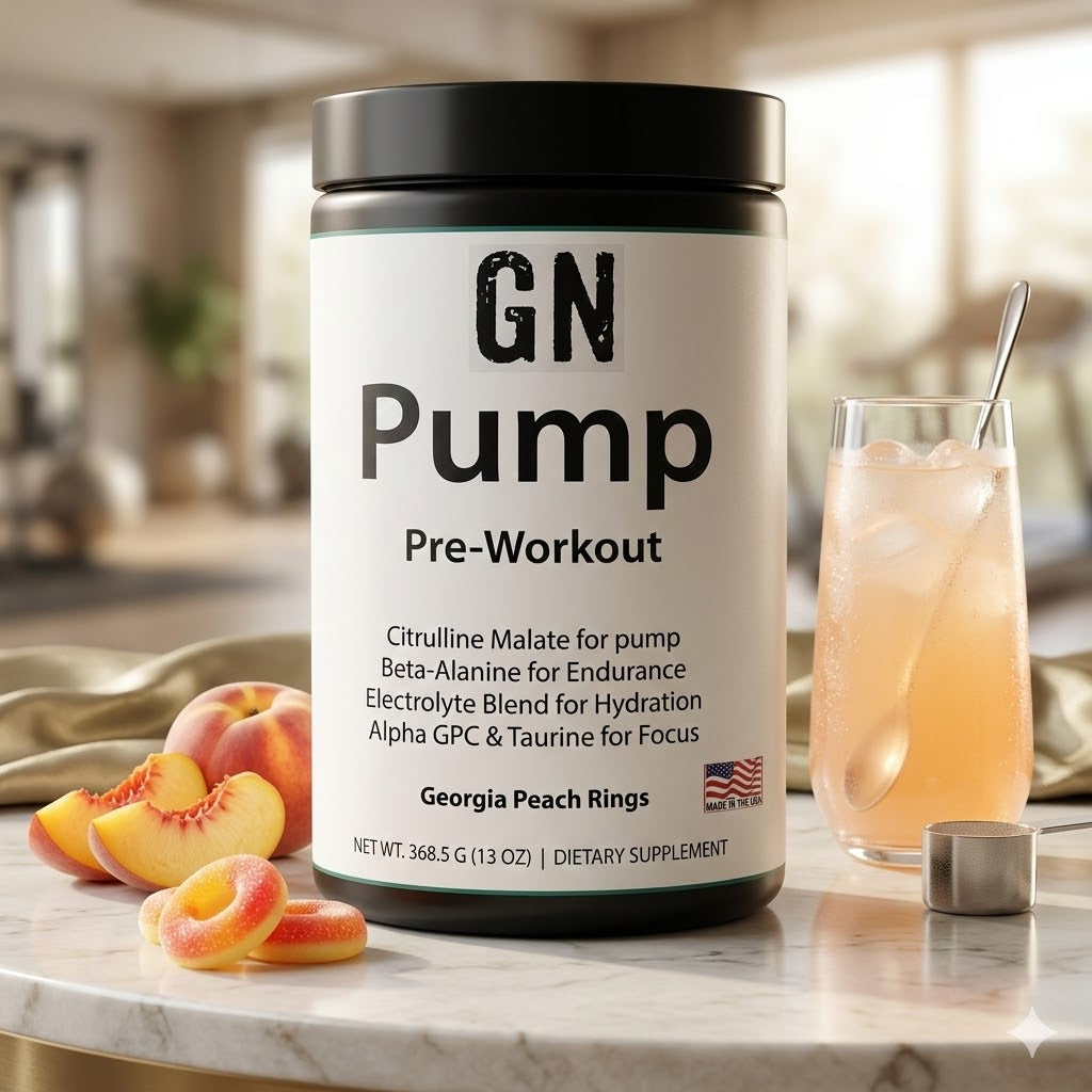 Pre-workout supplement container labeled 'GN Pump' on a marble surface with peaches and a drink.