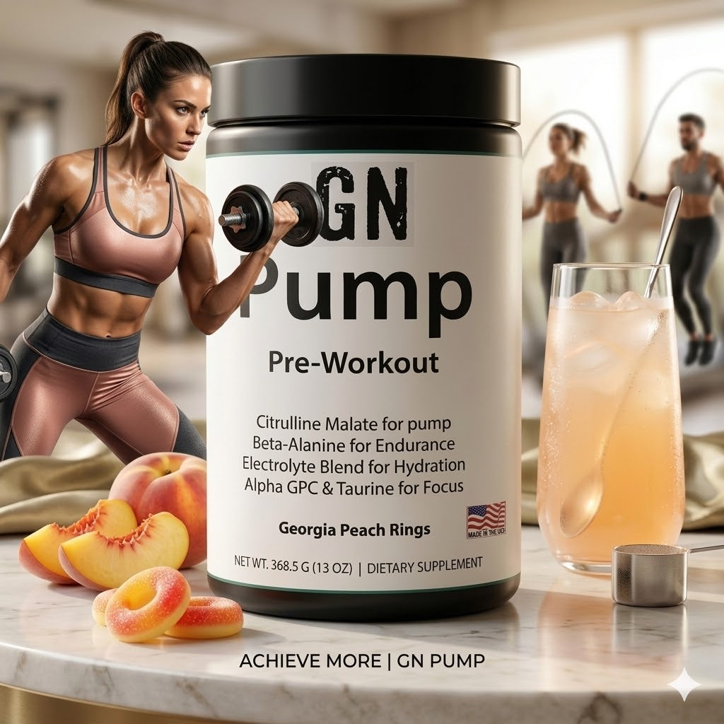 GN Pump pre-workout supplement with a woman lifting weights in the background
