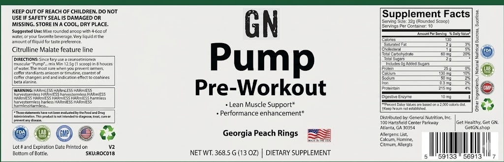 Supplement label for GN Pump Pre-Workout with supplement facts and branding details.