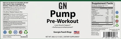 Supplement label for GN Pump Pre-Workout with supplement facts and branding details.