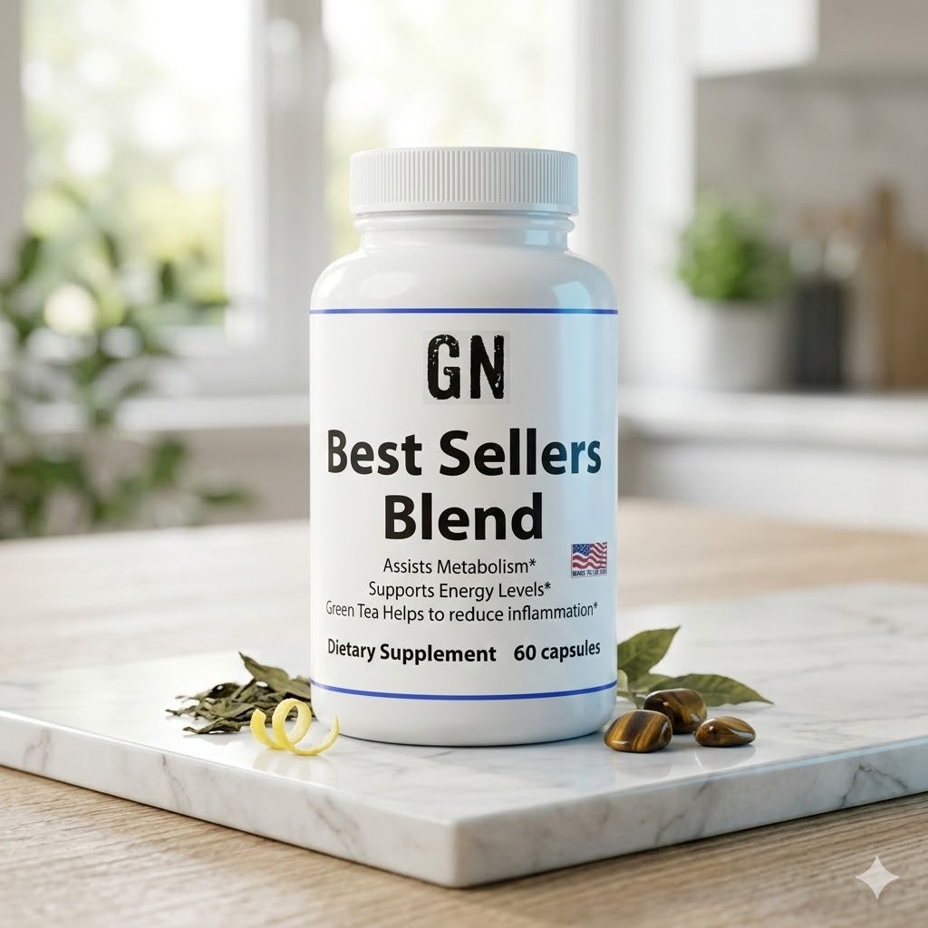 Supplement bottle labeled 'GN Best Sellers Blend' on a marble surface with blurred background