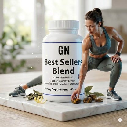 Supplement bottle labeled 'GN Best Sellers Blend' with a woman in workout attire in a bright room.