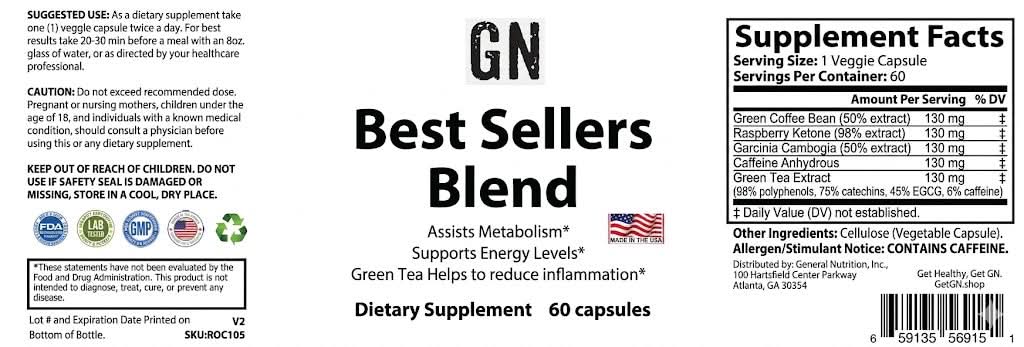 Supplement label for 'Best Sellers Blend' dietary supplement with various health benefits listed.