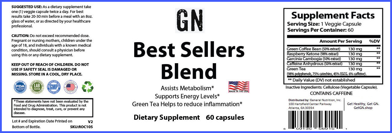Supplement label for GN Best Sellers Blend dietary supplement with text and graphics.