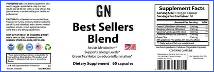 Supplement label for GN Best Sellers Blend dietary supplement with text and graphics.