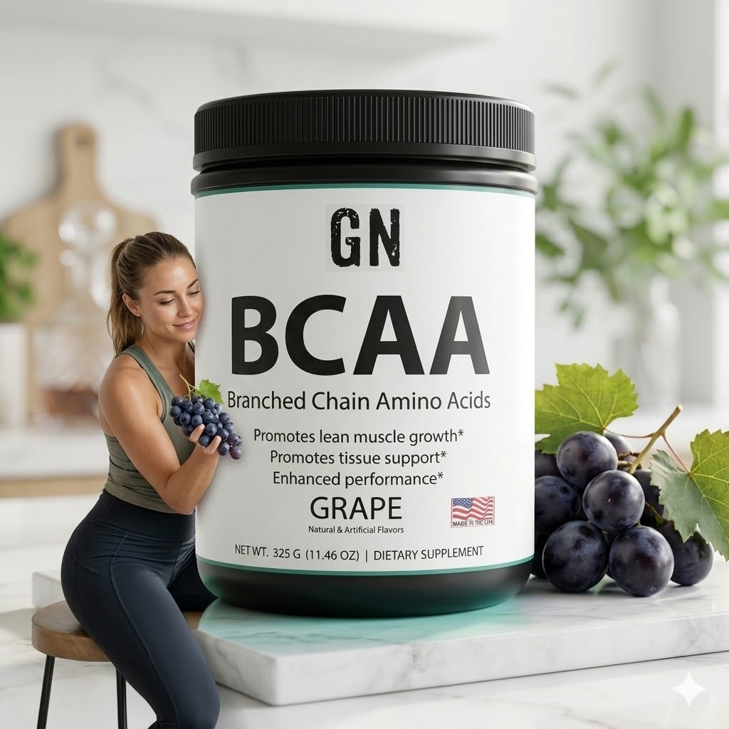 Supplement container labeled 'GN BCAA' with a woman holding grapes in a kitchen setting.
