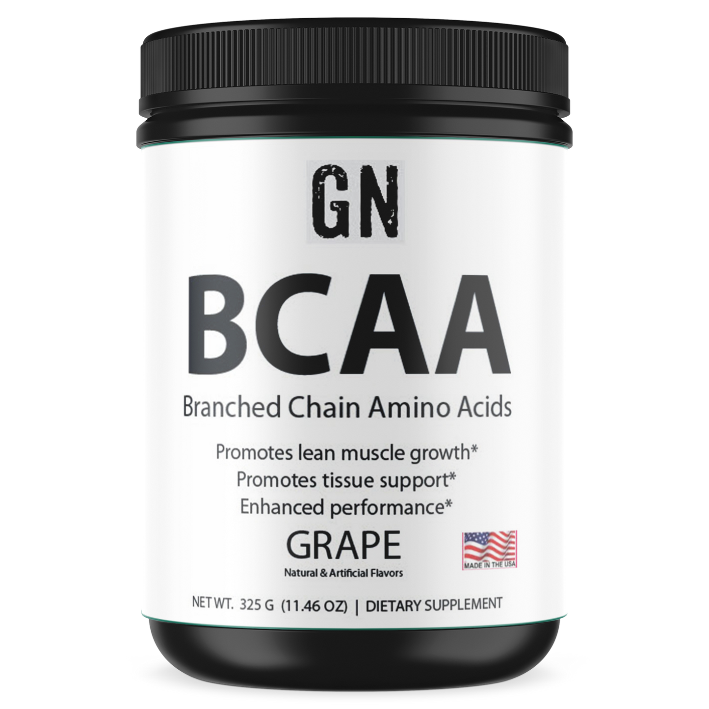 Container of GN BCAA supplement with black lid and white label on a white background