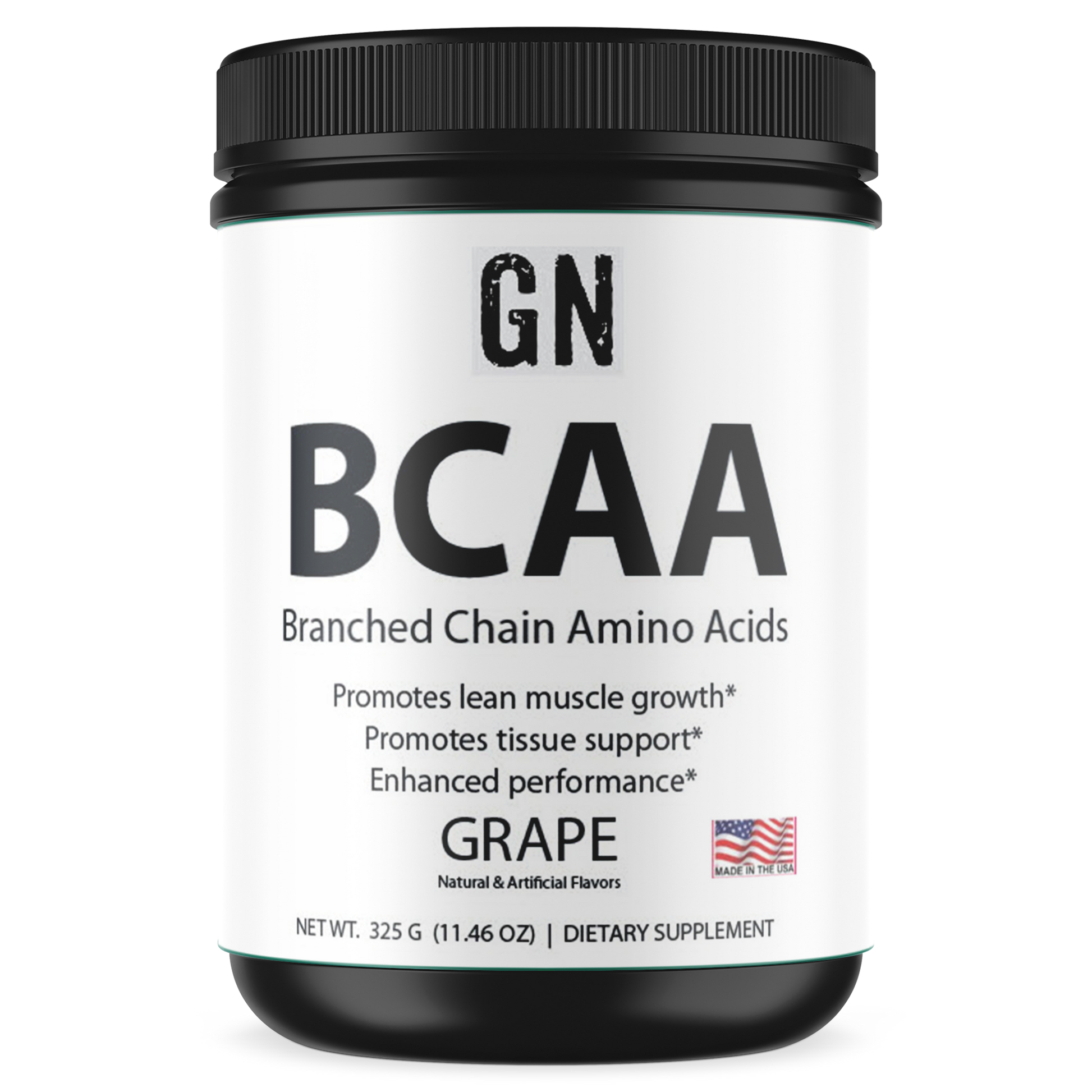 Container of GN BCAA supplement with black lid and white label on a white background