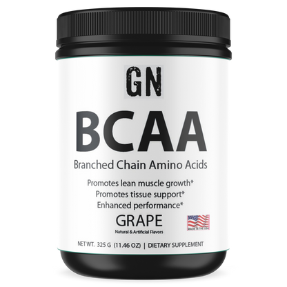Container of GN BCAA supplement with black lid and white label on a white background