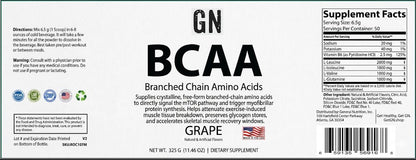 Supplement label for GN BCAA Branched Chain Amino Acids on a white background