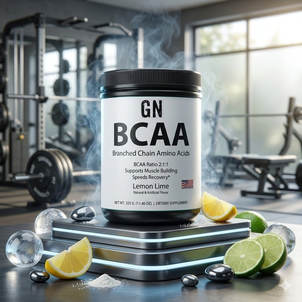 GN BCAA supplement container with lemon and lime on a gym background