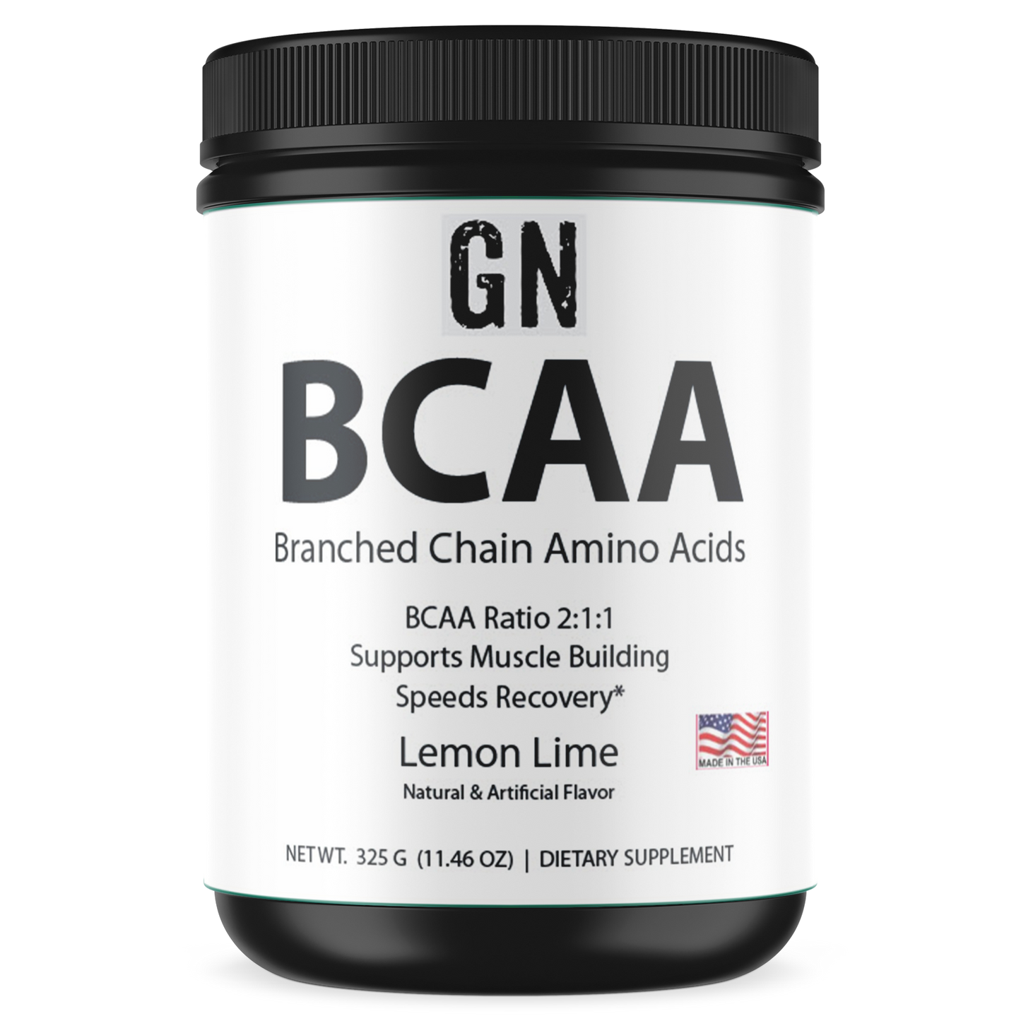Container of GN BCAA supplement with black lid and white label on a white background