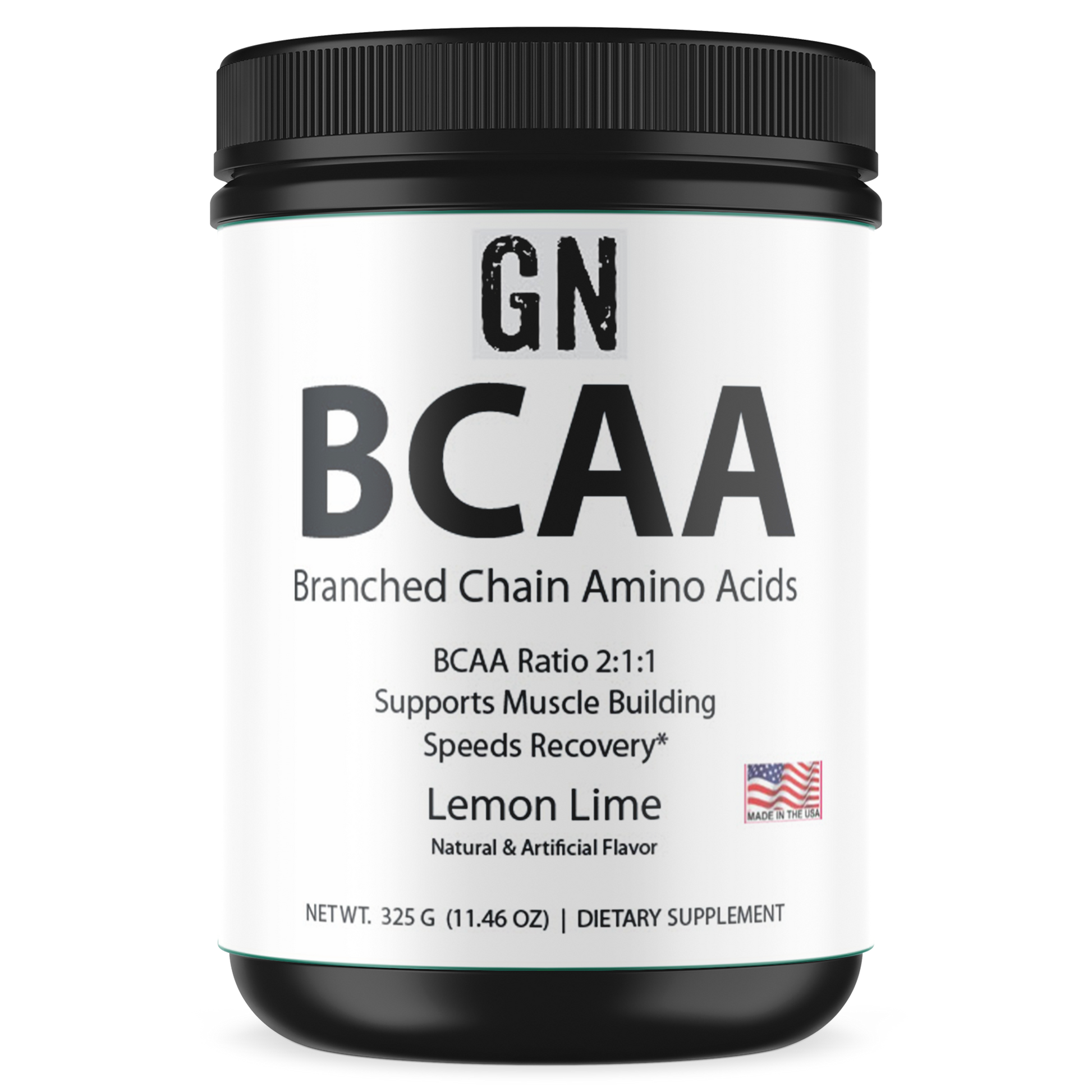 Container of GN BCAA supplement with black lid and white label on a white background
