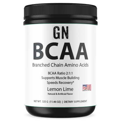 Container of GN BCAA supplement with black lid and white label on a white background