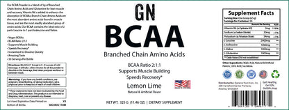 Label of GN BCAA supplement with text and logos on a white background