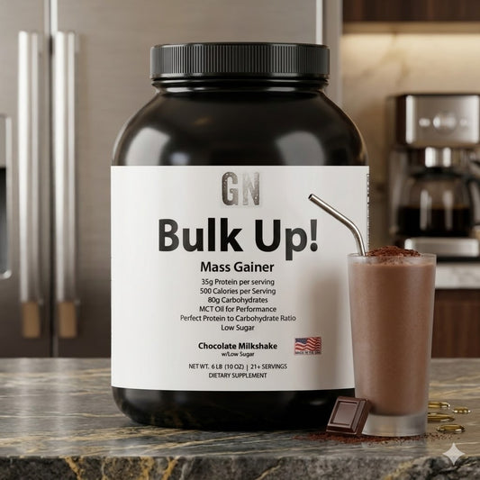 Mass gainer supplement container labeled 'Bulk Up!' on a kitchen counter with a glass of chocolate milkshake.