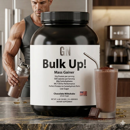 Mass gainer supplement container labeled 'Bulk Up!' with a man pouring a shake in the background.