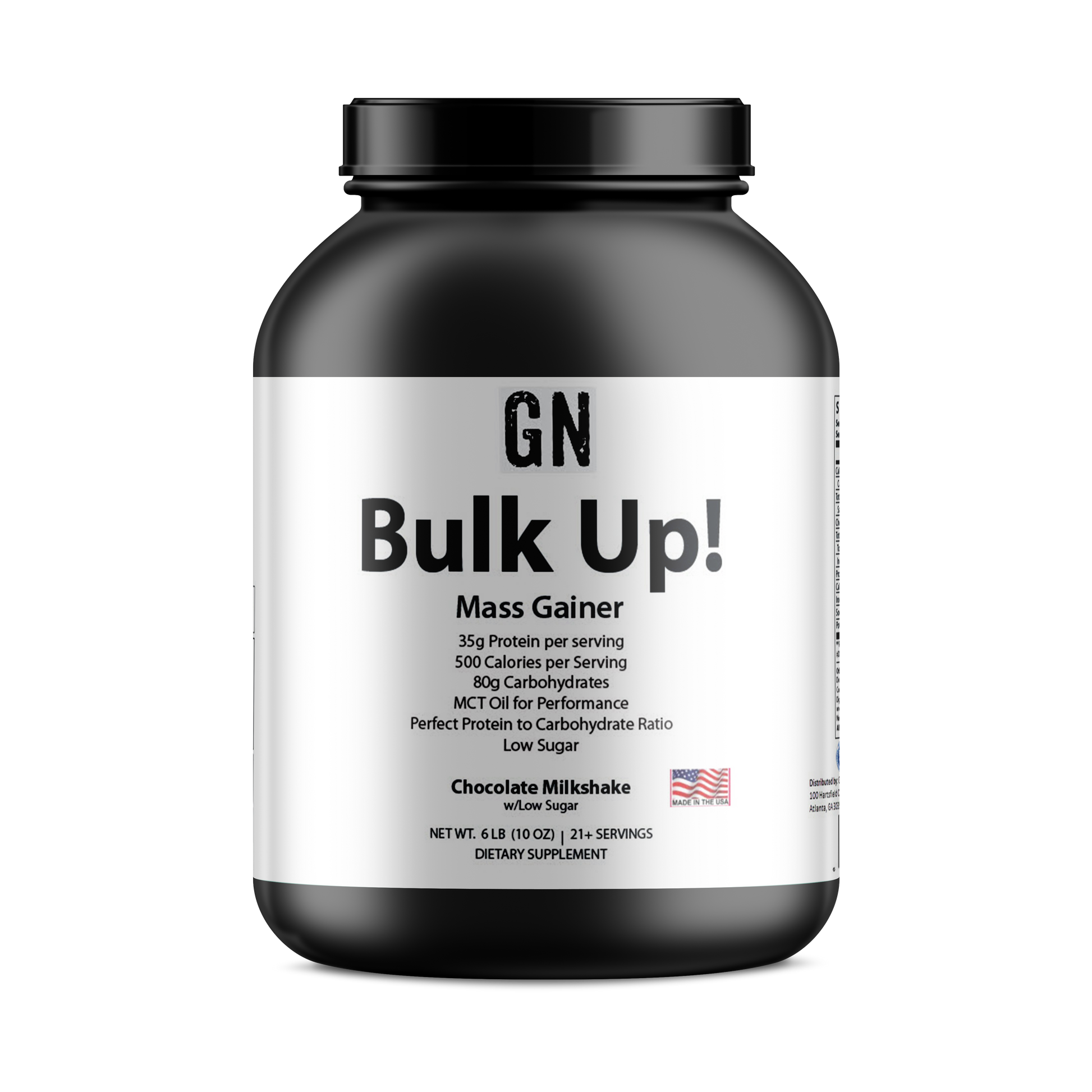 Mass gainer supplement container with 'GN Bulk Up!' label on a white background