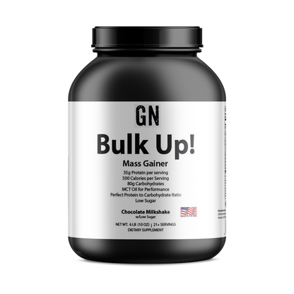 Mass gainer supplement container with 'GN Bulk Up!' label on a white background