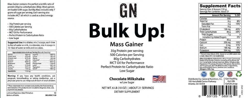 Supplement label for GN Bulk Up! Mass Gainer in chocolate milkshake flavor with supplement facts and ingredients listed.