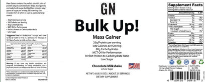 Supplement label for GN Bulk Up! Mass Gainer in chocolate milkshake flavor with supplement facts and ingredients listed.