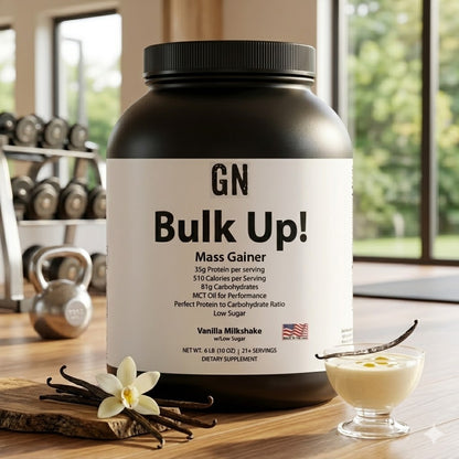 GN Bulk Up! Mass Gainer container on a table with vanilla milkshake and vanilla beans in a gym setting