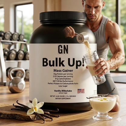 Man pouring mass gainer powder into a shaker with a GN Bulk Up! container in the foreground.