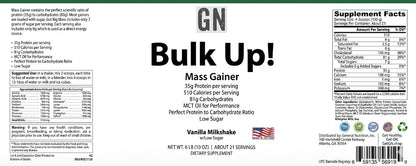 Supplement label for 'GN Bulk Up! Mass Gainer' with nutritional information and branding.