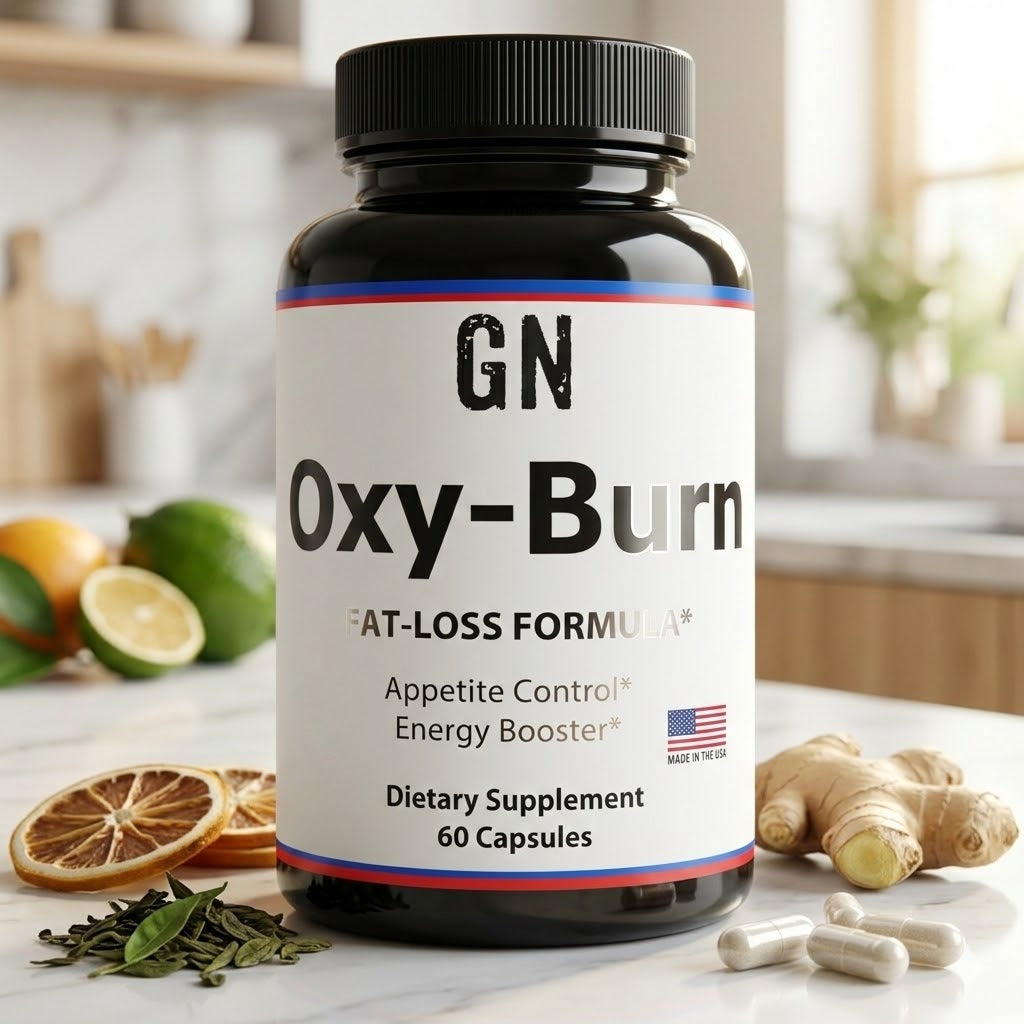 Supplement bottle labeled 'Oxy-Burn' on a kitchen counter with ingredients in the background