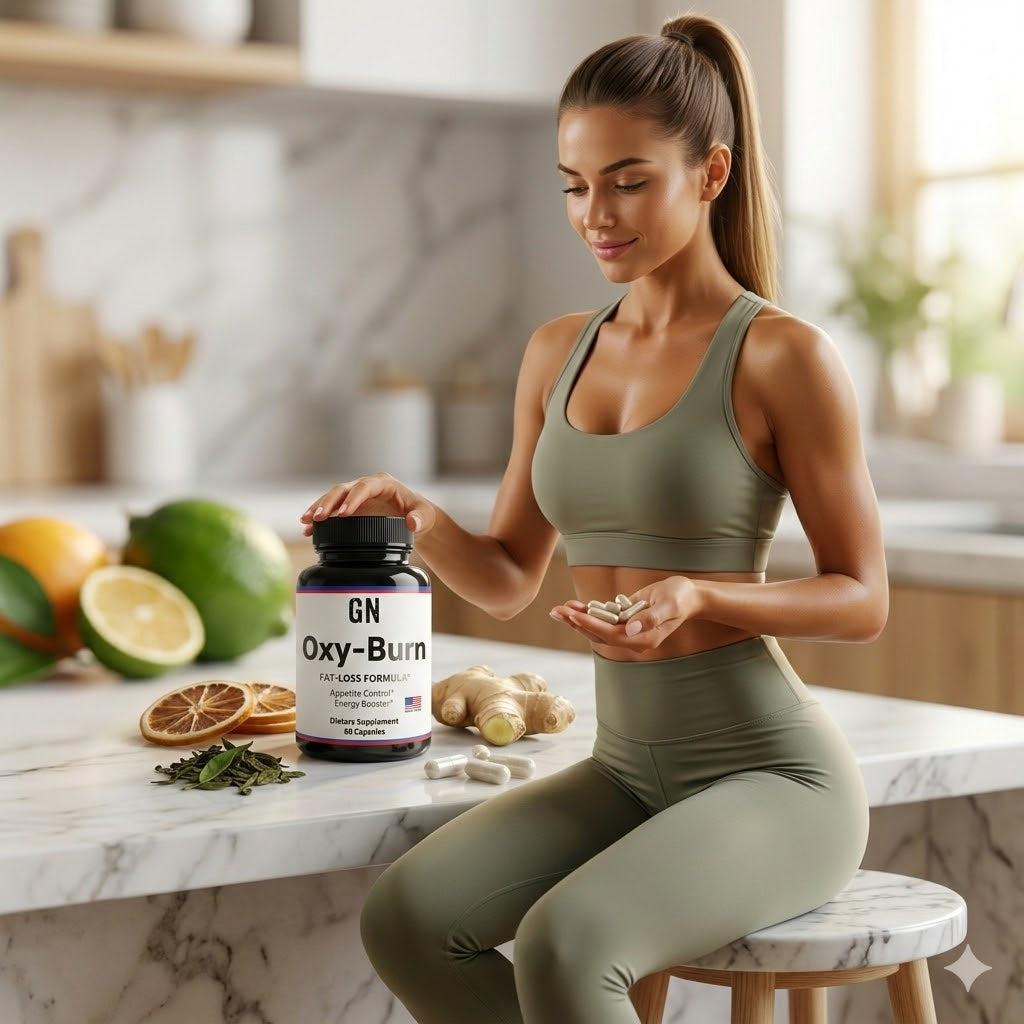 Woman in athletic wear holding a supplement bottle labeled 'GN Oxy-Burn' in a kitchen setting.