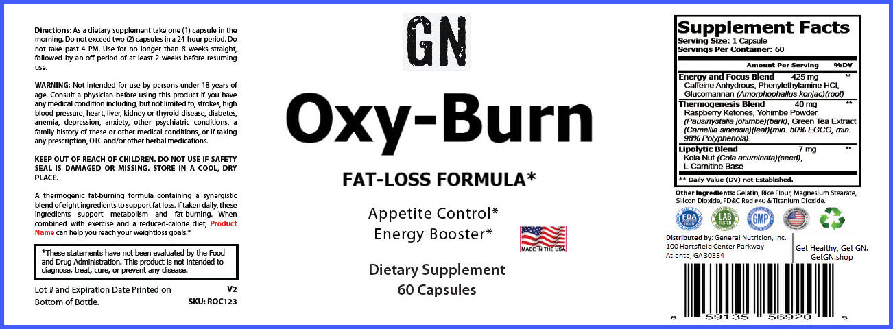 Supplement label for Oxy-Burn fat-loss formula with various claims and nutritional information.