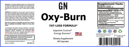 Supplement label for Oxy-Burn fat-loss formula with various claims and nutritional information.
