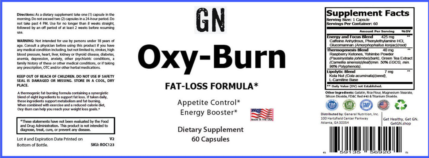 Supplement label for GN Oxy-Burn fat-loss formula with text and graphics.