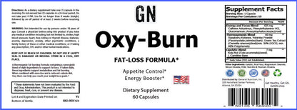 Supplement label for GN Oxy-Burn fat-loss formula with text and graphics.