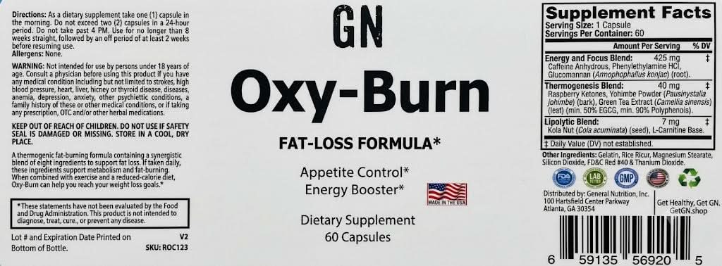 Supplement label for Oxy-Burn dietary supplement with text and logos.
