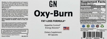 Supplement label for Oxy-Burn dietary supplement with text and logos.