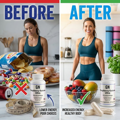 Before and after comparison of a woman with health choices and supplements on a kitchen counter.