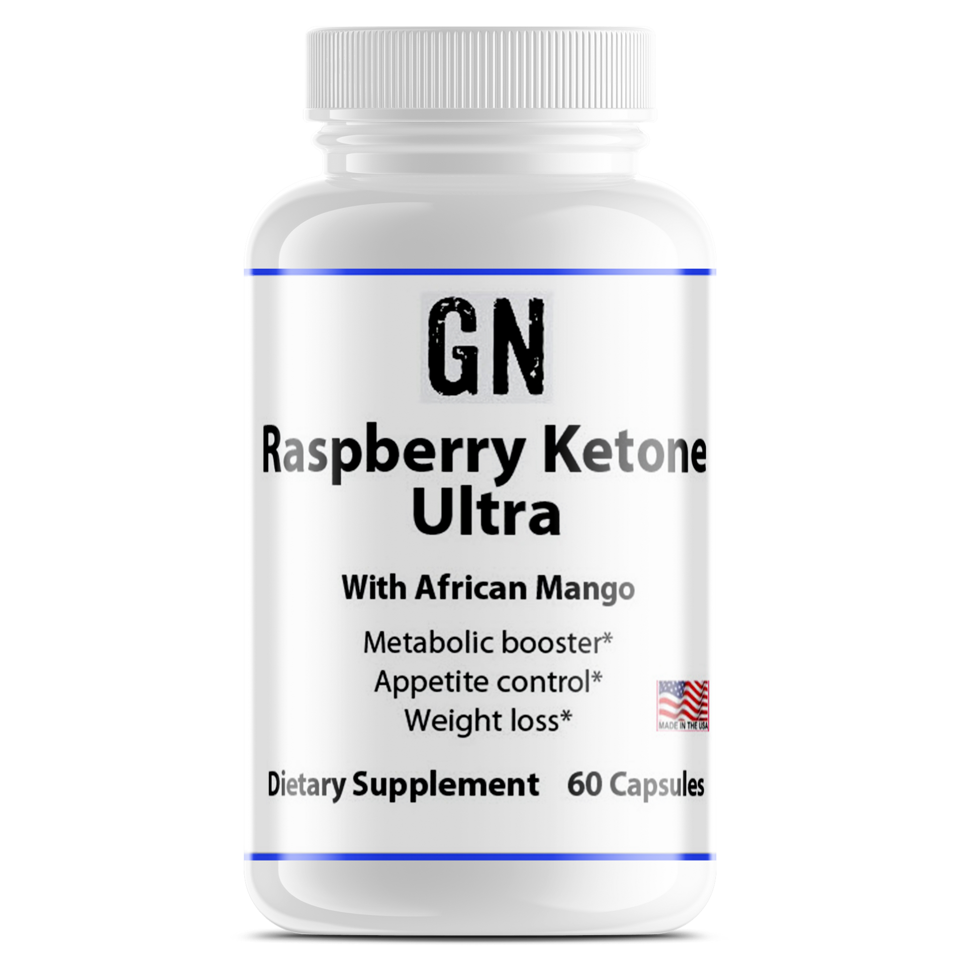 Supplement bottle labeled 'GN Raspberry Ketone Ultra' on a white background