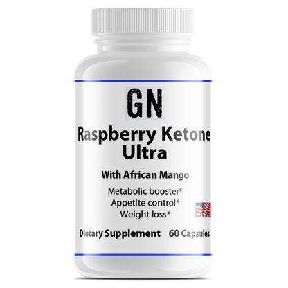 Supplement bottle labeled 'GN Raspberry Ketone Ultra' on a white background